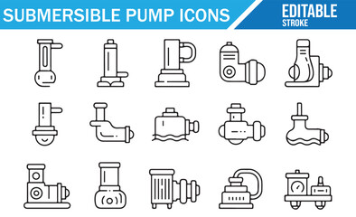 Fluid handling and drainage pump icon set in outline form