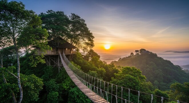 A stunning sunset over a lush green forest with a wooden suspension bridge connecting two treehouses.