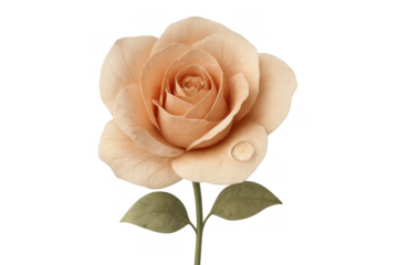 Peach watercolor rose illustration with dew drop, delicate botanical drawing, transparent background