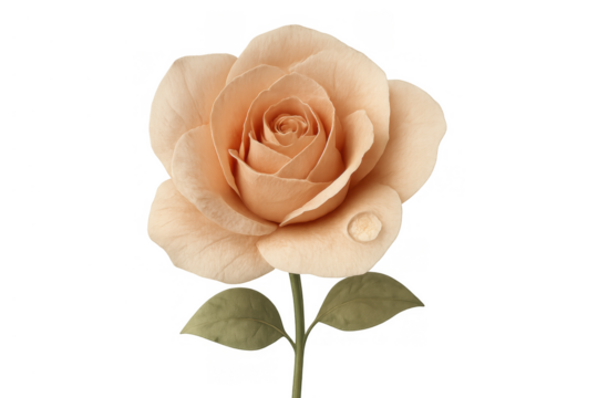 Peach watercolor rose illustration with dew drop, delicate botanical drawing, transparent background