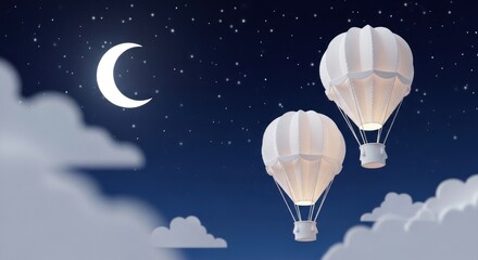 Obraz premium Two hot air balloons flying in the night sky with a crescent moon and stars.