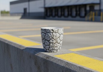 Textured stonelike planter sitting on a concrete barrier with yellow line in an industrial parking lot background