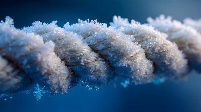 Macro detail of a thick white rope covered in frost and ice crystals.