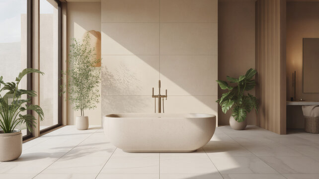 Elegant bathtub in a modern bathroom with plants and natural light shining in - Powered by Adobe