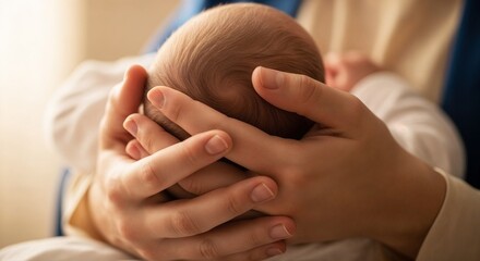 Mother cradling newborn baby in her hands indoors with soft light  