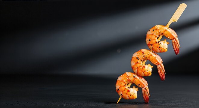 Grilled shrimp skewers arranged artistically on a dark background, showcasing vibrant colors and textures, perfect for seafood dishes and culinary presentations
