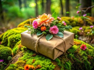 Gift box with flowers on mossy forest