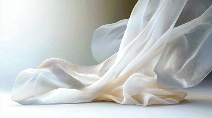 A close-up shot of flowing sheer fabric, possibly organza or chiffon, with soft, diffused light creating gentle highlights and shadows. The fabric is draped and