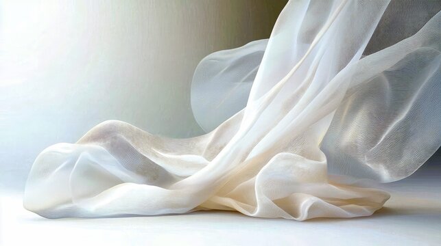 A close-up shot of flowing sheer fabric, possibly organza or chiffon, with soft, diffused light creating gentle highlights and shadows. The fabric is draped and