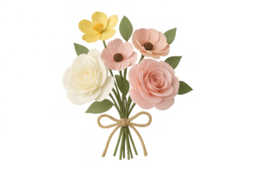Hand-crafted paper flower bouquet featuring pastel roses, anemones, buttercups, green leaves, tied with a rustic twine bow, transparent background
