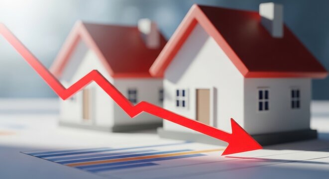 Real estate market decline: miniature houses with red arrow showing falling property values