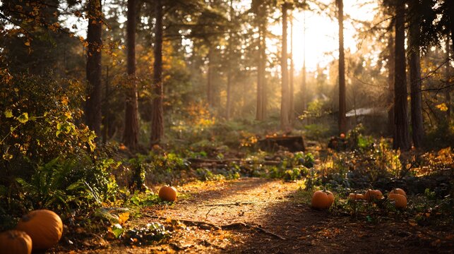 Magical Autumn Forest Path with Pumpkins at Sunrise. - Powered by Adobe