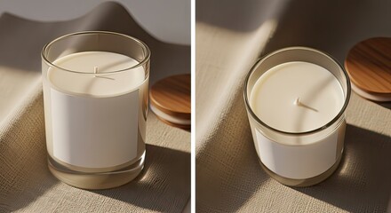 Two soy wax candles in clear glass containers with wooden lids are displayed on a beige linen surface in natural sunlight.