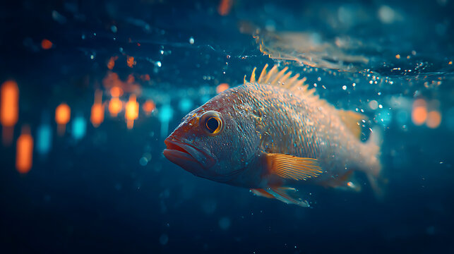 Underwater fish swimming past glowing stock market graph finance trading