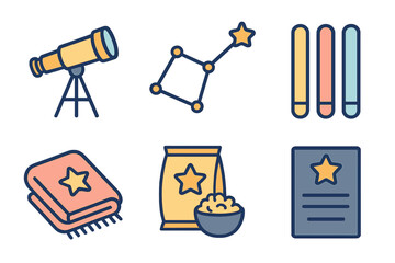 Collection of items for stargazing, movie night, and achievement celebration