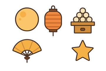 Traditional Asian festival symbols featuring full moon, paper lantern, folding fan, and stacked rice cakes