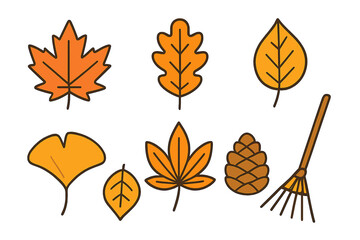 Collection of colorful autumn leaves, pine cone, and garden rake isolated on a white background