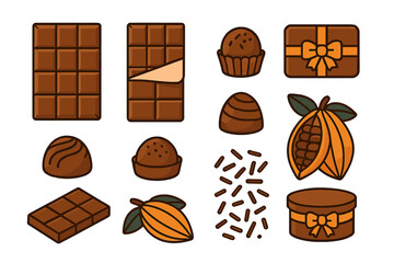 Set of chocolate bars, sweet truffles, cocoa pods, sprinkles, and confectionery gift boxes