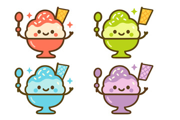 Four cute smiling ice cream sundaes holding spoons and wafers in different flavors