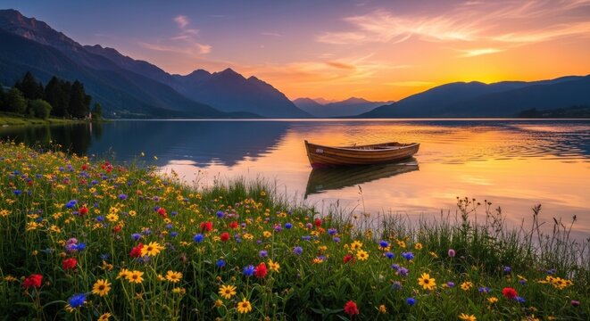 A serene lake with a boat and wildflowers at sunset, with mountains in the background.