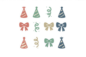 Festive celebration elements set with party hats bows and curling ribbons in muted colors