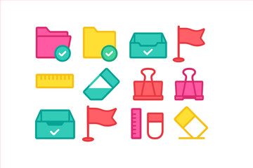 Brightly colored essential office and school supply icons set with folders flags and clips