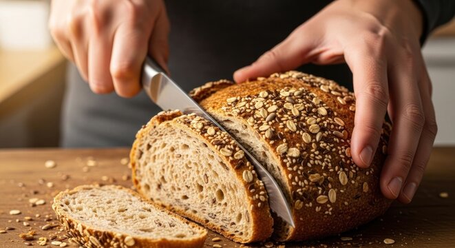A person slicing a loaf of bread with a knife on a wooden table.