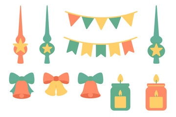 Collection of colorful holiday decorations including tree toppers, festive bells, burning candles, and party banners