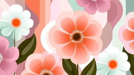 Seamless floral pattern featuring blooming green and orange leaves