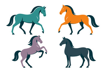 Four colorful stylized horses standing, trotting, and rearing on a white background, displaying various equine poses
