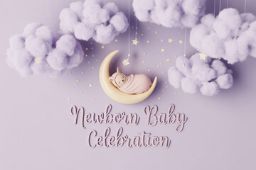 Dreamy newborn baby celebration scene with cute teddy bear sleeping on the moon, perfect for nursery decor and baby shower invitations, a magical dreamy atmosphere