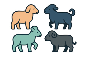 Collection of four stylized sheep and ram icons in various colors on white background