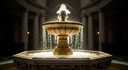 Elegant ornate tiered stone fountain illuminated at night with cascading water creating a sparkling magical atmosphere in a grand courtyard
