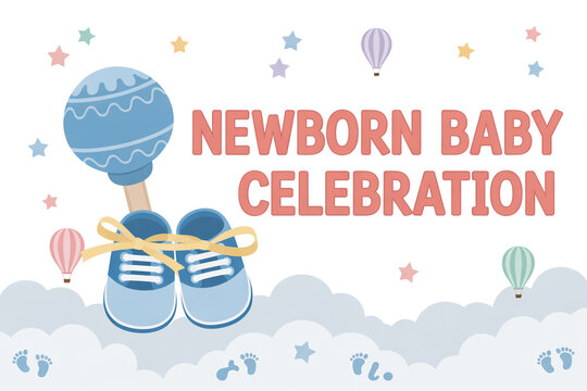 Celebrate a precious newborn baby with adorable baby shoes, a rattle, and whimsical hot air balloons in a joyful baby shower party decoration scene