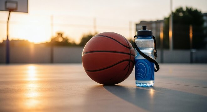 A basketball and water bottle sit on an outdoor court at sunset, suggesting a break during a game or practice. - Powered by Adobe