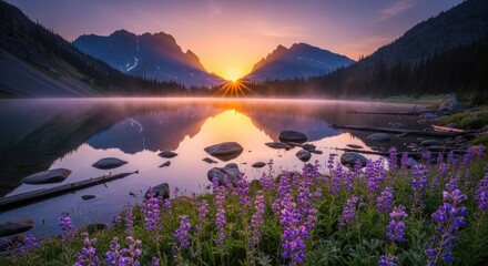 A serene mountain lake at sunset with vibrant purple flowers in the foreground.