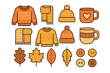 Cozy autumn and winter elements set including sweaters scarves hats mugs and fall leaves