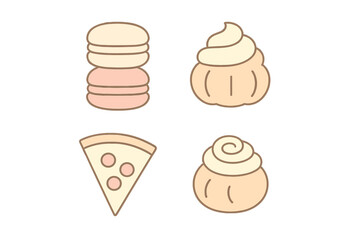 Stacked macarons, cream puffs, and pizza slice in a simple pastel set