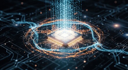 A computer chip with binary code and light trails on a circuit board.