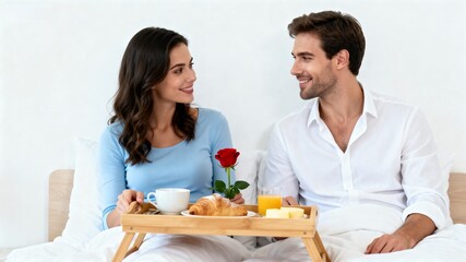 Couple sharing breakfast in bed