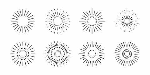 Hand drawn sunbursts and rays collection on white background