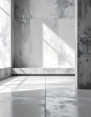 Obraz premium Modern minimalist concrete interior with dramatic geometric light and shadow patterns.