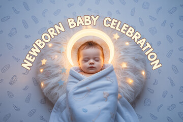 Dreamy newborn baby sleeps peacefully wrapped in soft blanket with glowing moon and stars, perfect for baby shower invites, nursery art, or heartwarming announcements