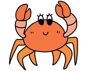 Hand drawn illustration of crab for sea life, under the sea, aquarium, ocean, post card, animals, zoo, souvenir shop, cartoon character, comic, mascot, plush toy, kid doll, sticker, sea food, patch