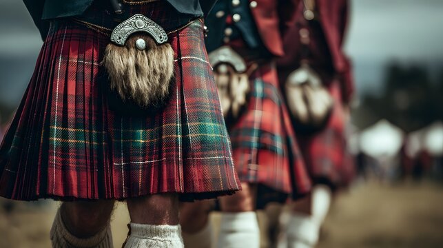 Men in traditional Scottish attire with red tartan kilts and sporrans.