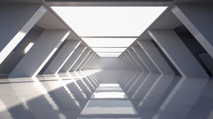 Obraz premium A minimalist, futuristic interior corridor with a stark white color scheme.