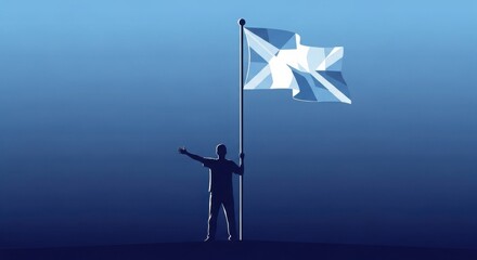 Proud silhouette of person holding a scottish flag waving against a blue gradient sky