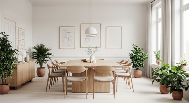 Bright and airy dining room with a large wooden table, ten chairs, potted plants, and framed artwork on the wall.