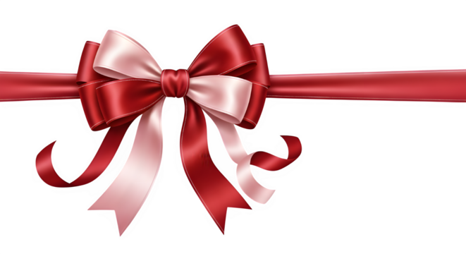 A beautifully tied red and pink ribbon adorns a pristine transparent background, its elegant loops and flowing tails creating a festive and celebratory atmosphere isolated on transparent background - Powered by Adobe
