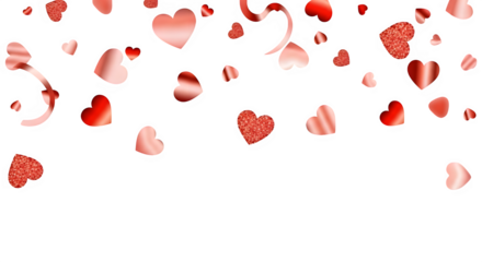 Delicate rose gold hearts and ribbons falling on a transparent background, creating a romantic and festive atmosphere, perfect for valentines day, weddings, or any celebration of love and affection is